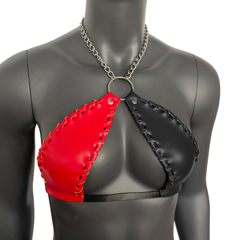 Gothic Red  Black Vinyl Vampira Cross Top Bra With Chain 4
