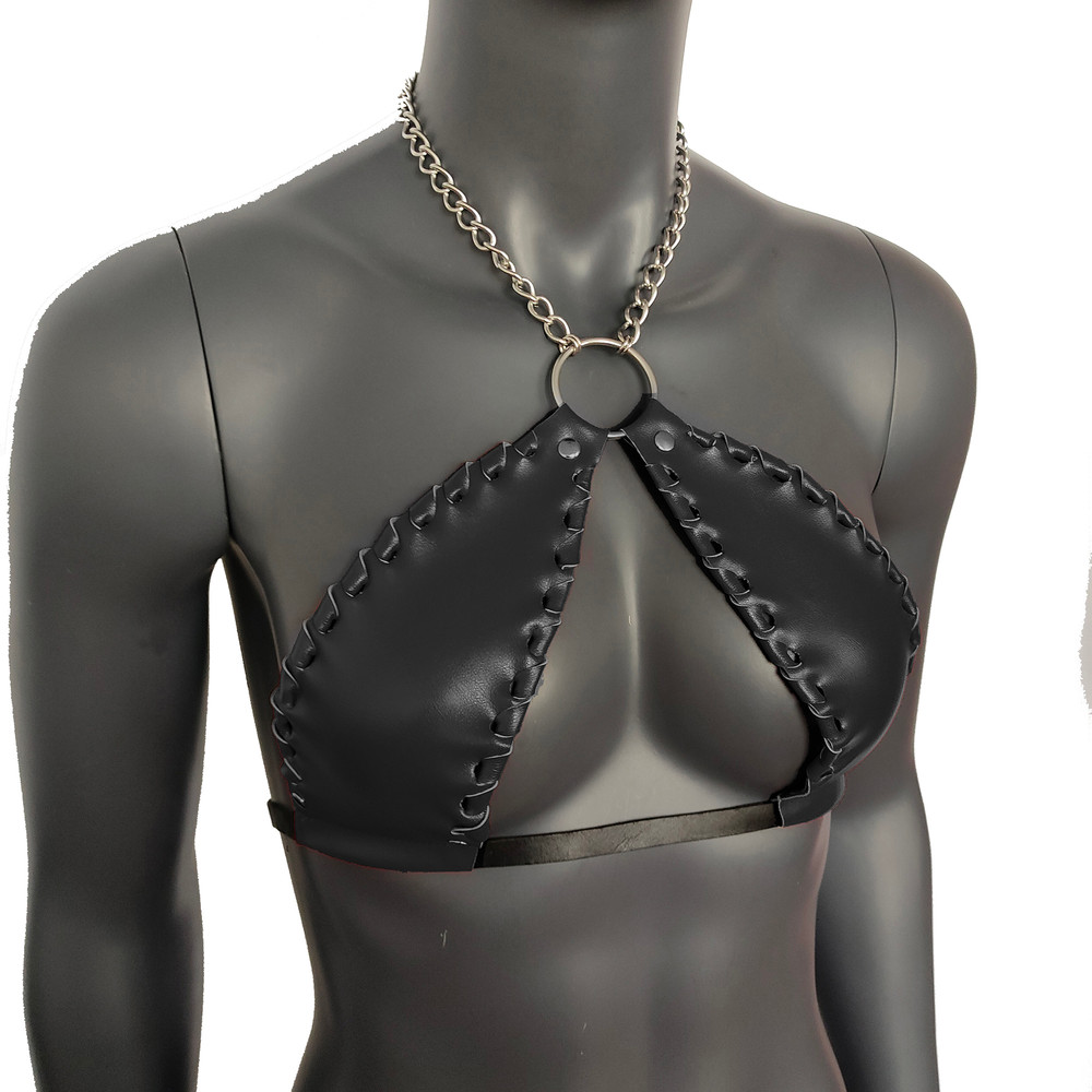 Gothic Black Vinyl Vampira Cross Top Bra With Chain 2
