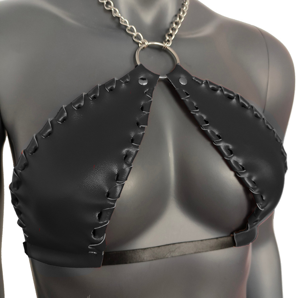 Gothic Black Vinyl Vampira Cross Top Bra With Chain 3
