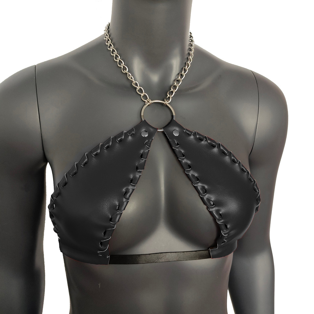 Gothic Black Vinyl Vampira Cross Top Bra With Chain 4