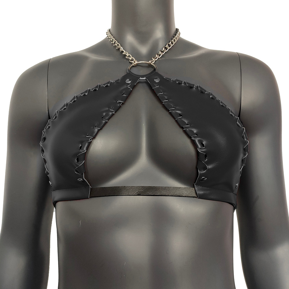 Gothic Black Vinyl Vampira Cross Top Bra With Chain 5