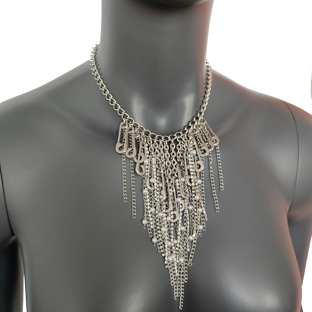 Stainless Steel Collar Stainless Steel Rhinestone Tassels Chain Pin Punk Necklace  Gift For Women 2