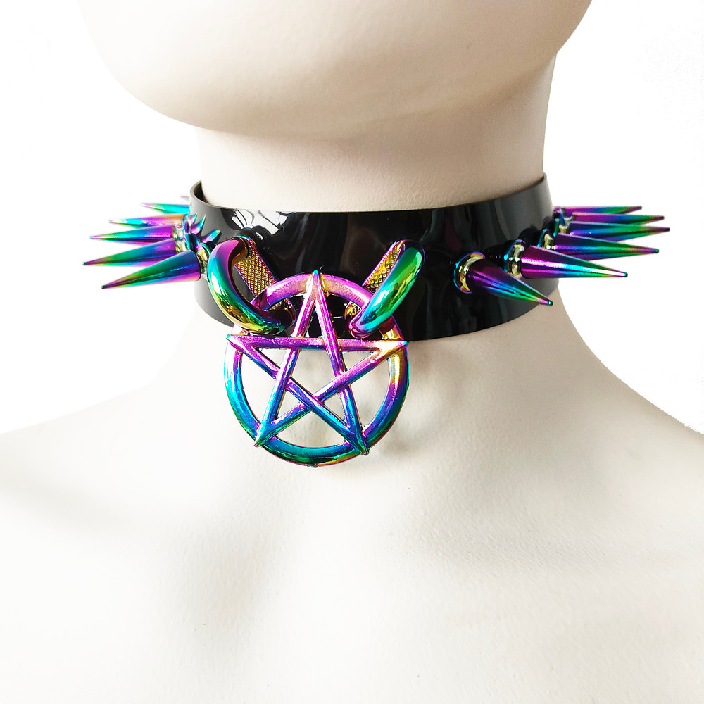 Black Gothic Diablo Holographic Rainbow Spiked Pentagram Ring Choker For Women 0