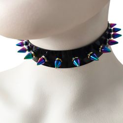 black gothic rivets astral rainbow spiked punk choker for women
