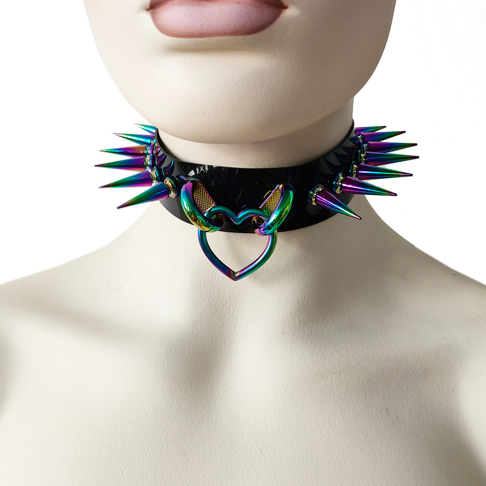 Black Gothic Rivets Bismuth Rainbow Spiked Heart Ring Punk Choker For Women 1