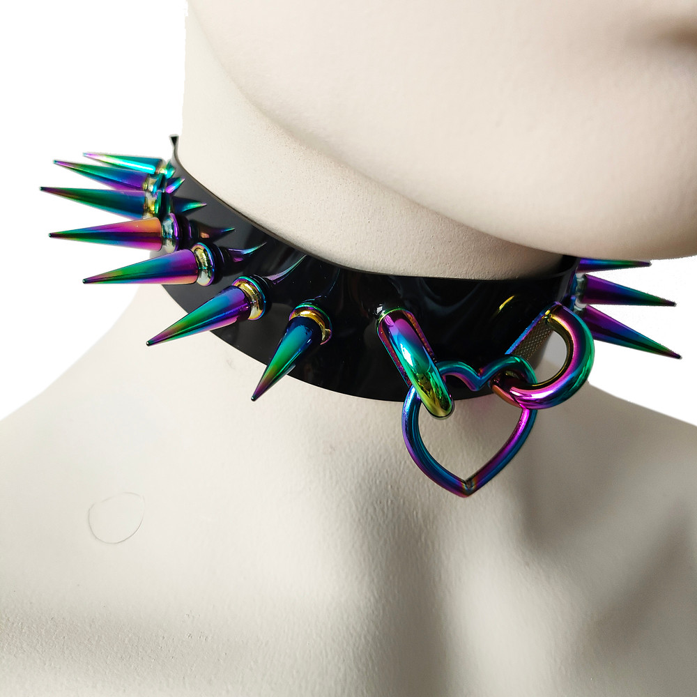 Black Gothic Rivets Bismuth Rainbow Spiked Heart Ring Punk Choker For Women 0