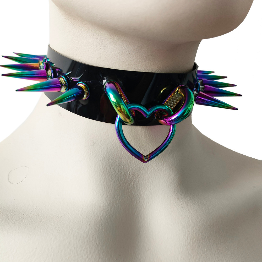 Black Gothic Rivets Bismuth Rainbow Spiked Heart Ring Punk Choker For Women 2