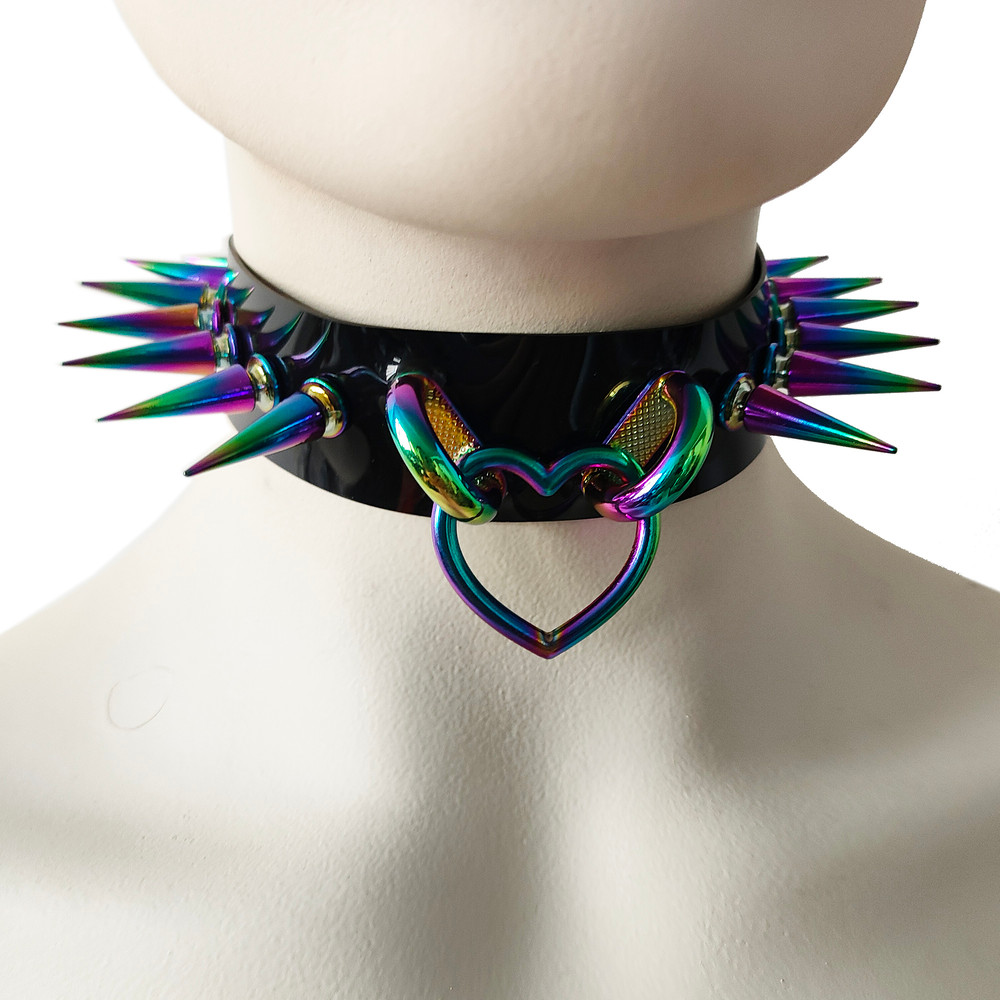 Black Gothic Rivets Bismuth Rainbow Spiked Heart Ring Punk Choker For Women 3