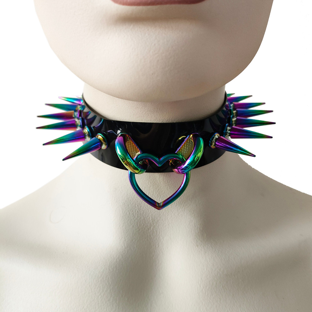 Black Gothic Rivets Bismuth Rainbow Spiked Heart Ring Punk Choker For Women 4