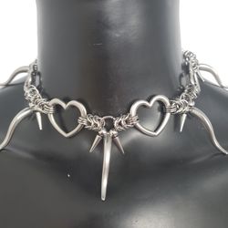 punk stainless steel chain necklace, mens + womens silver stainless steel spike pendant necklace, heart ring necklace