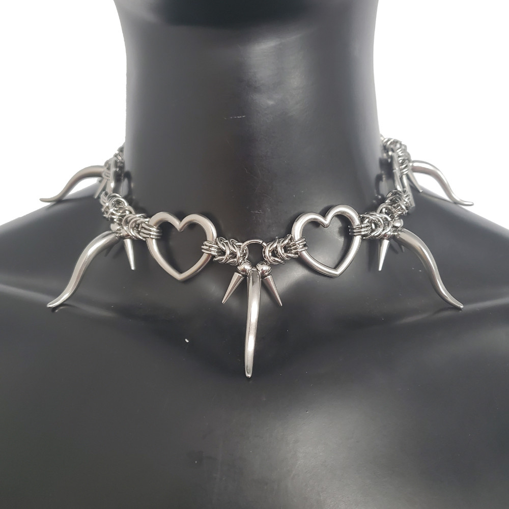 Punk Stainless Steel Chain Necklace Mens  Womens Silver Stainless Steel Spike Pendant Necklace Hear 1