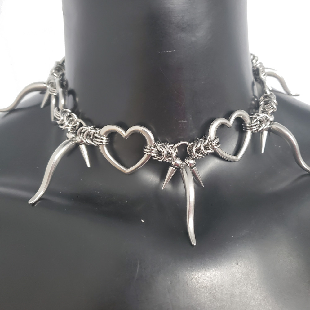 Punk Stainless Steel Chain Necklace Mens  Womens Silver Stainless Steel Spike Pendant Necklace Hear 2