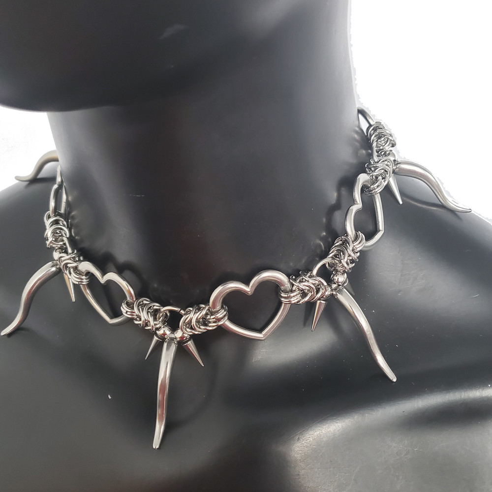 Punk Stainless Steel Chain Necklace Mens  Womens Silver Stainless Steel Spike Pendant Necklace Hear 3