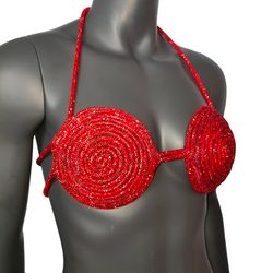 rave outfits handmade red crystal bra, sexy disco party night club outfit bra, women's sexy halter shiny bra top