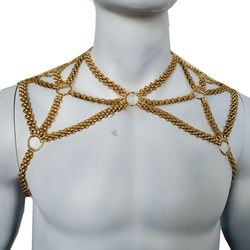 rave men gold body shoulder chain harness, burning man festival rave body chain outfits