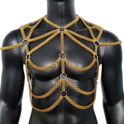 rave man gold body chain harness, punk burning man stainless steel body chain harness