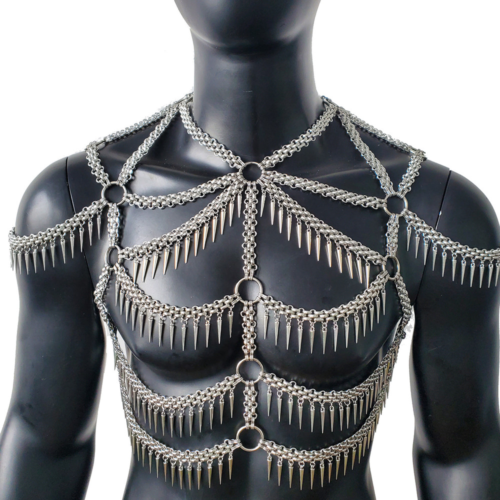 Man Body Chain HarnessSpike Fringe Metal Chain HarnessPunk Chest Harness 0
