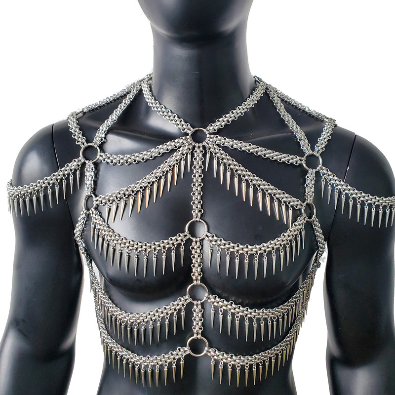 Man Body Chain HarnessSpike Fringe Metal Chain HarnessPunk Chest Harness 0