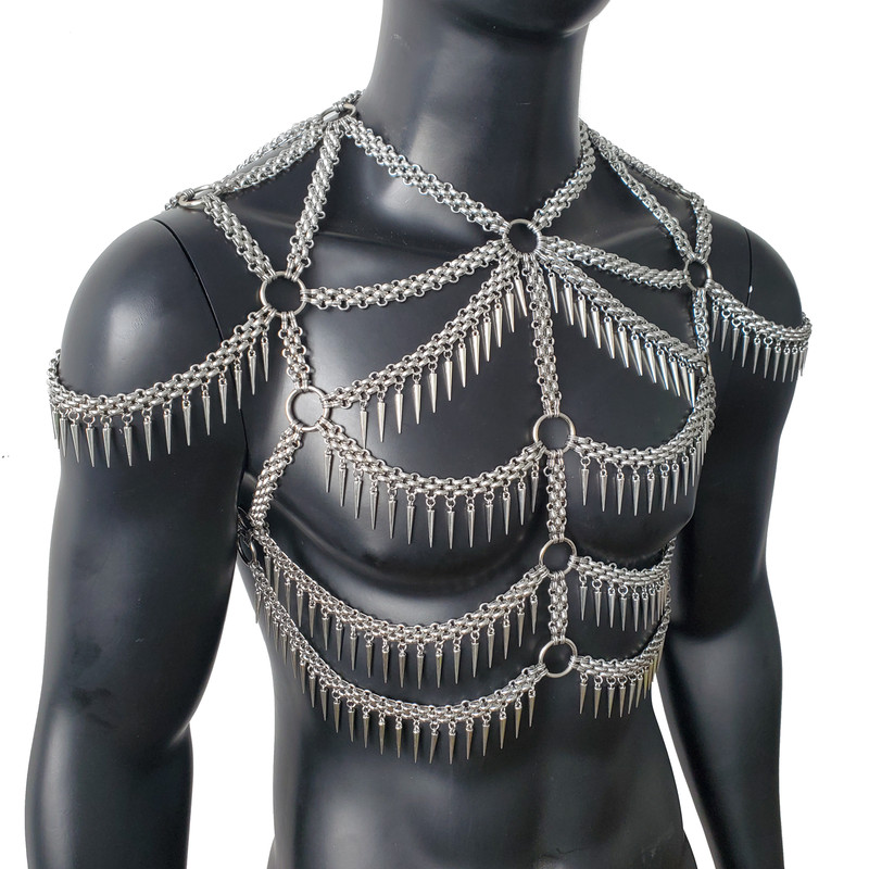 Man Body Chain HarnessSpike Fringe Metal Chain HarnessPunk Chest Harness 1