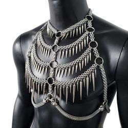 men vertebrae body chain harness, rave punk skull metal bodychain chest chain harness