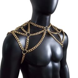 rave gold men body shoulder chain harness, burning man festival body chain body harness