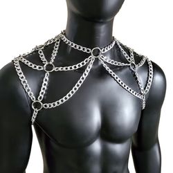 rave silver men body shoulder chain harness, burning man festival body chain body harness
