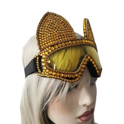 holographic gold rhinestone rave cat burning man festival mask costume headpiece cyber goggles headdress