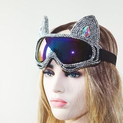holographic silver rhinestone rave cat burning man festival mask costume headpiece cyber goggles headdress