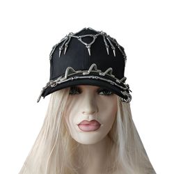 rock black studded cap with zipper - chain cap - gothic baseball cap - edgy streetwear - trucker cap - punk style hat