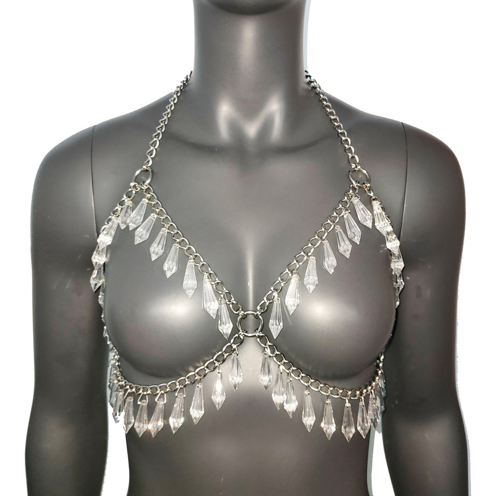 Festival Bra Crystal Silver Chain Bra Bodychain Chain Harness EDC Steampunk Burning Man Goth EDM Ra 0