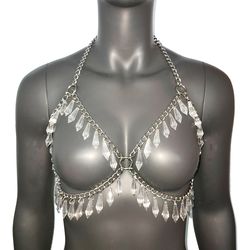 festival bra crystal silver chain bra bodychain chain harness edc steampunk burning man goth edm rave wear bikini wear