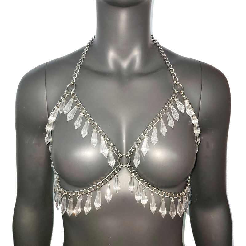 Festival Bra Crystal Silver Chain Bra Bodychain Chain Harness EDC Steampunk Burning Man Goth EDM Ra 0