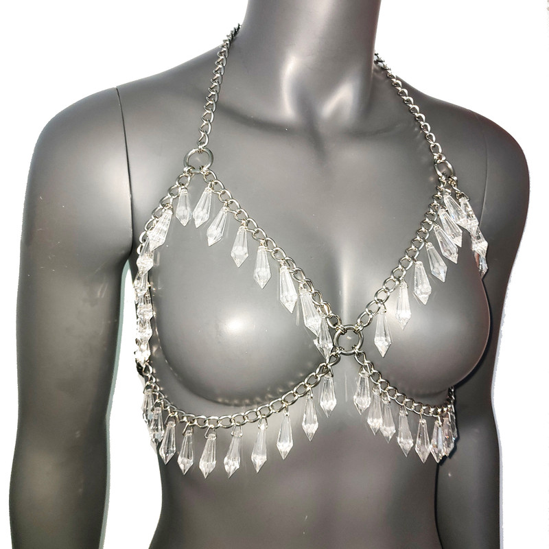 Festival Bra Crystal Silver Chain Bra Bodychain Chain Harness EDC Steampunk Burning Man Goth EDM Ra 1