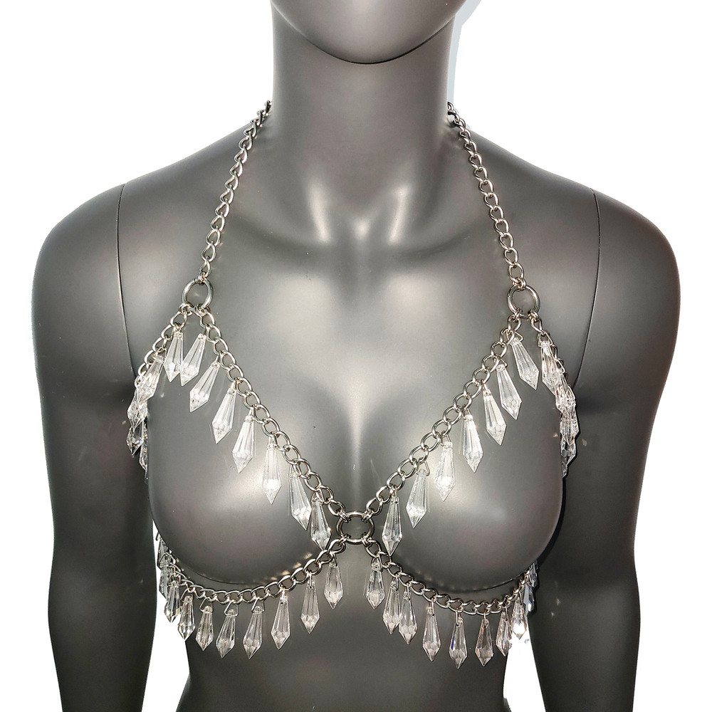 Festival Bra Crystal Silver Chain Bra Bodychain Chain Harness EDC Steampunk Burning Man Goth EDM Ra 2