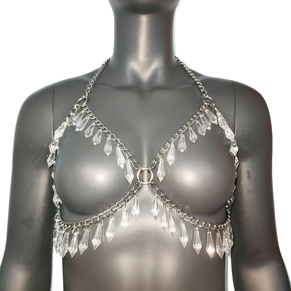 Festival Bra Crystal Silver Chain Bra Bodychain Chain Harness EDC Steampunk Burning Man Goth EDM Ra 3