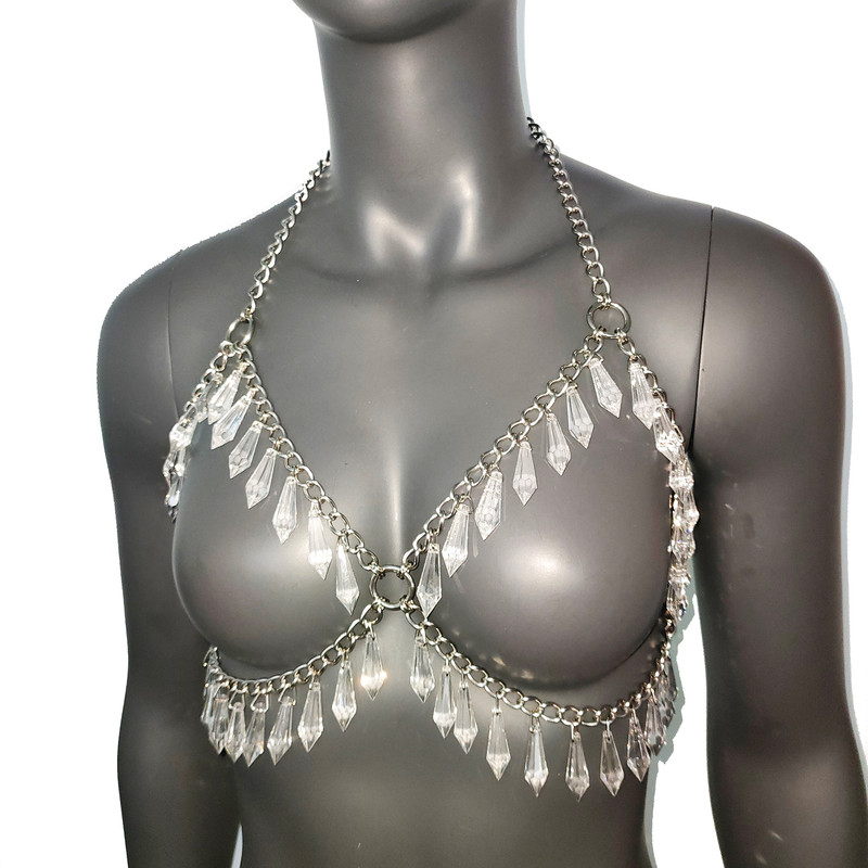 Festival Bra Crystal Silver Chain Bra Bodychain Chain Harness EDC Steampunk Burning Man Goth EDM Ra 4