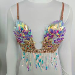 holographic mermaid queen bra,iridescent sequins rave bra,rave bra ocean mermaid festival outfit