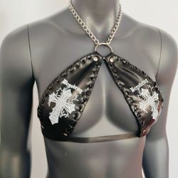 gothic black vinyl vampira cross sexy top bra with chain