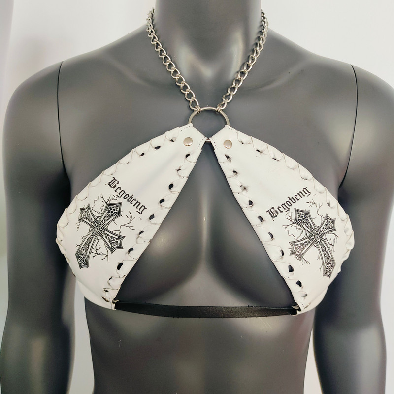 Gothic White Vinyl Vampira Cross Sexy Top Bra With Chain 0