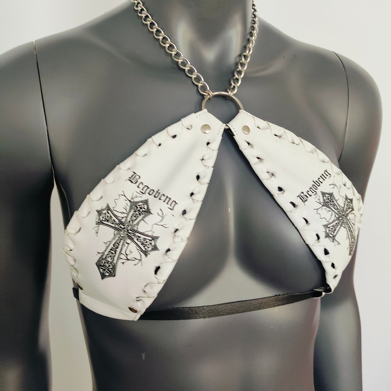 Gothic White Vinyl Vampira Cross Sexy Top Bra With Chain 1
