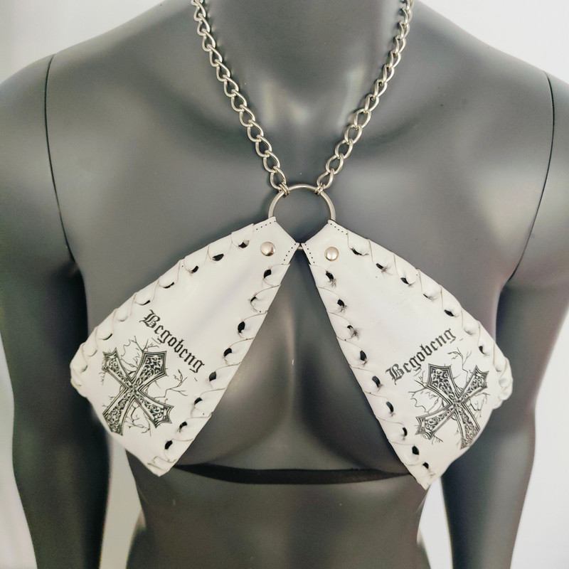 Gothic White Vinyl Vampira Cross Sexy Top Bra With Chain 3