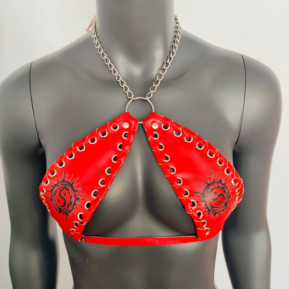 Gothic Tai Chi Pattern Red Vinyl Vampira Cross Top Bra 2