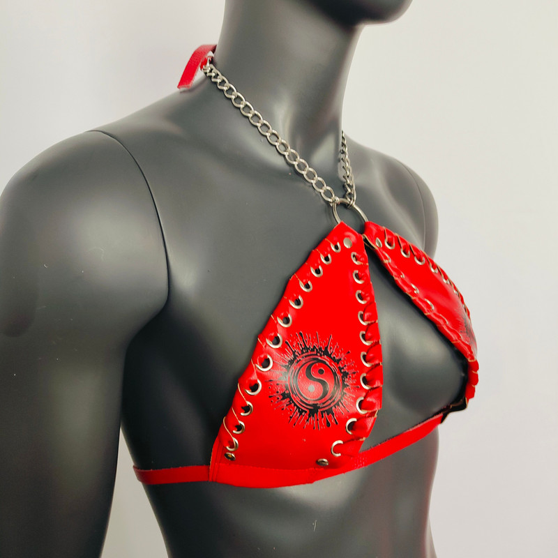 Gothic Tai Chi Pattern Red Vinyl Vampira Cross Top Bra 3