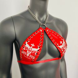 gothic bull head pattern red vinyl vampira cross top bra