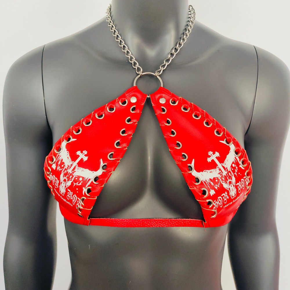 Gothic Bull Head Pattern Red Vinyl Vampira Cross Top Bra 1