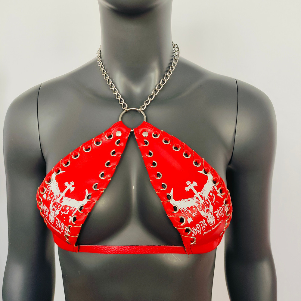 Gothic Bull Head Pattern Red Vinyl Vampira Cross Top Bra 3