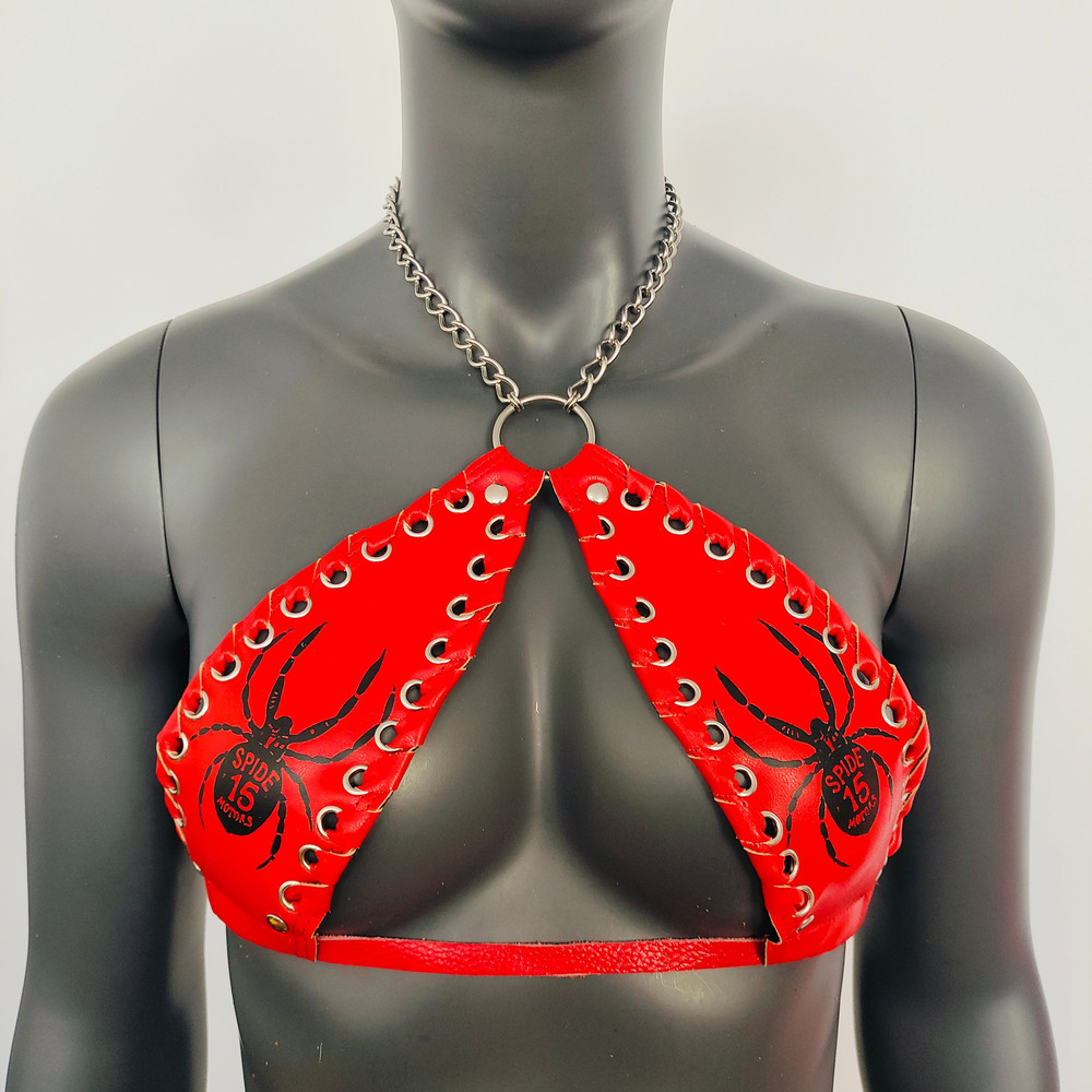 Gothic Black Spider Pattern Red Vinyl Vampira Cross Top Bra 0