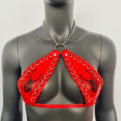 gothic black spider pattern red vinyl vampira cross top bra