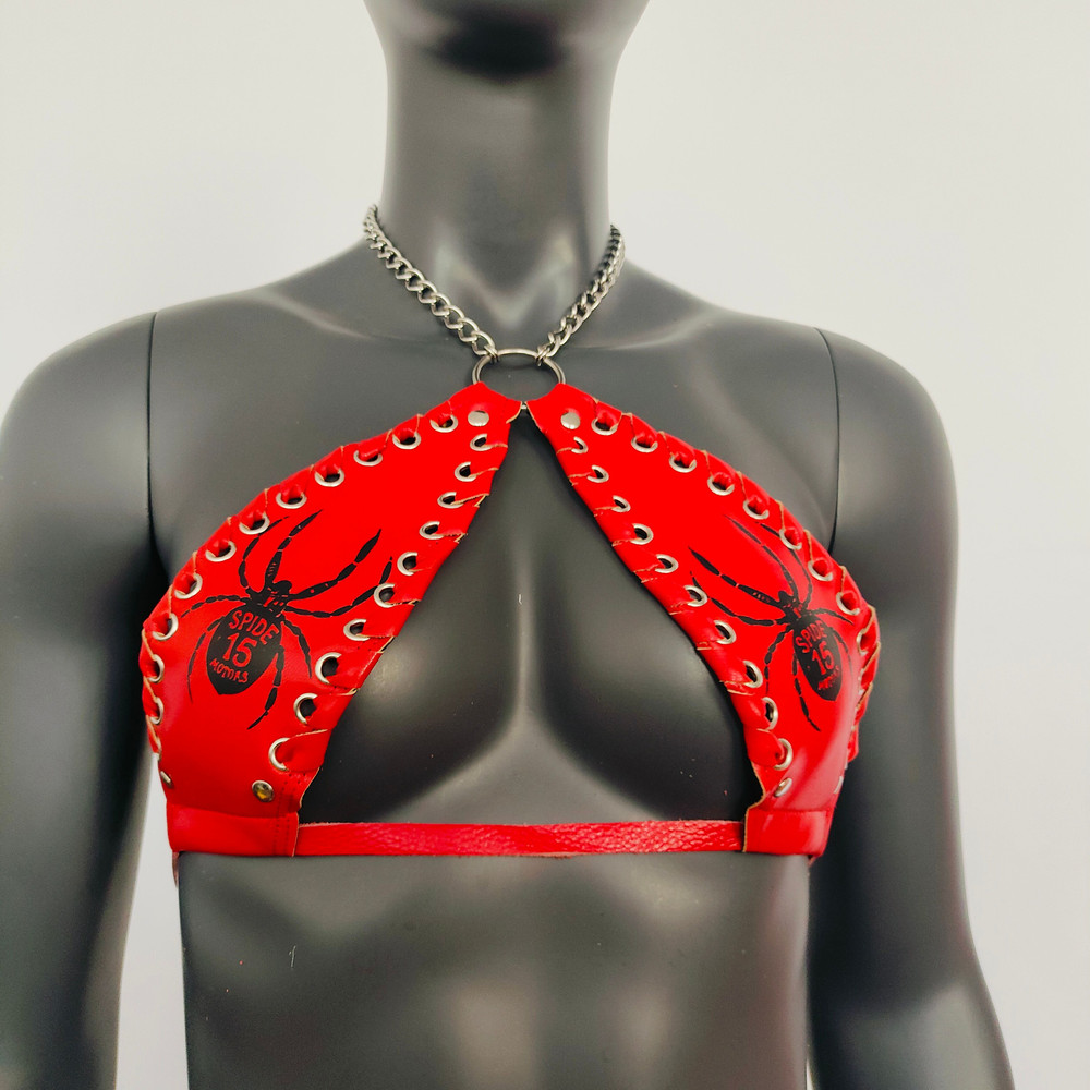 Gothic Black Spider Pattern Red Vinyl Vampira Cross Top Bra 2