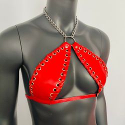 gothic red vinyl vampira cross top bra